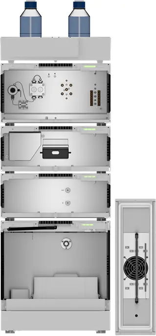 Fig. 20 System setup; from top to bottom: eluent tray with bottles, pump, diode array detector (DAD), refractive index detector (RID), autosampler, right: oven.