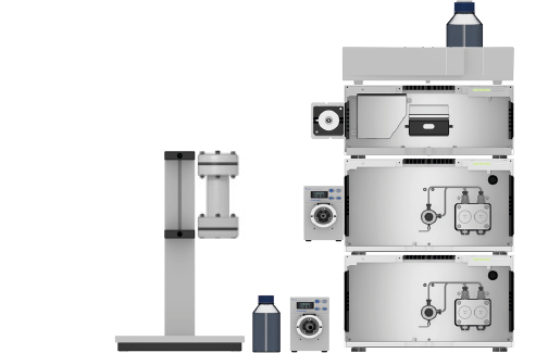 Fig. 12 System setup preparative HPLC system; left: Column holder with column, eluent bottle for fraction collection, valve drive with fraction waste valve; middle from top to bottom: detector, pump A with flow cell, pump B with valve drive and injection valve; right: eluent tray with bottles.