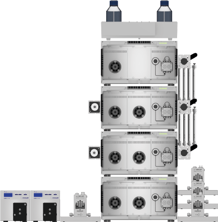 Fig. 13 System setup SMB; left: Detectors, flow meter; middle from top to bottom: Eluent tray with bottles, assistant 1 with manual valve, assistant 2 with measuring cell, manual valve and column holder, assistant 3 with measuring cell and manual valve, assistant 4; right: flow meters.