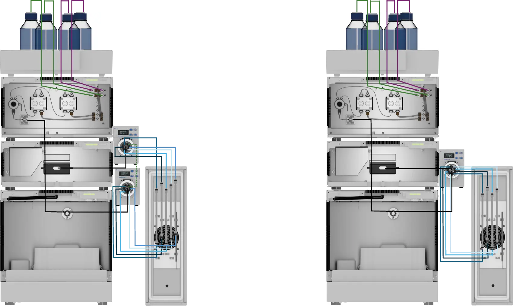 Fig. 2 Set-up analytical HPLC system for column selection with flow scheme. A) classic set-up with two 6 port multiposition valves B) optimized set-up with high pressure column selection valve